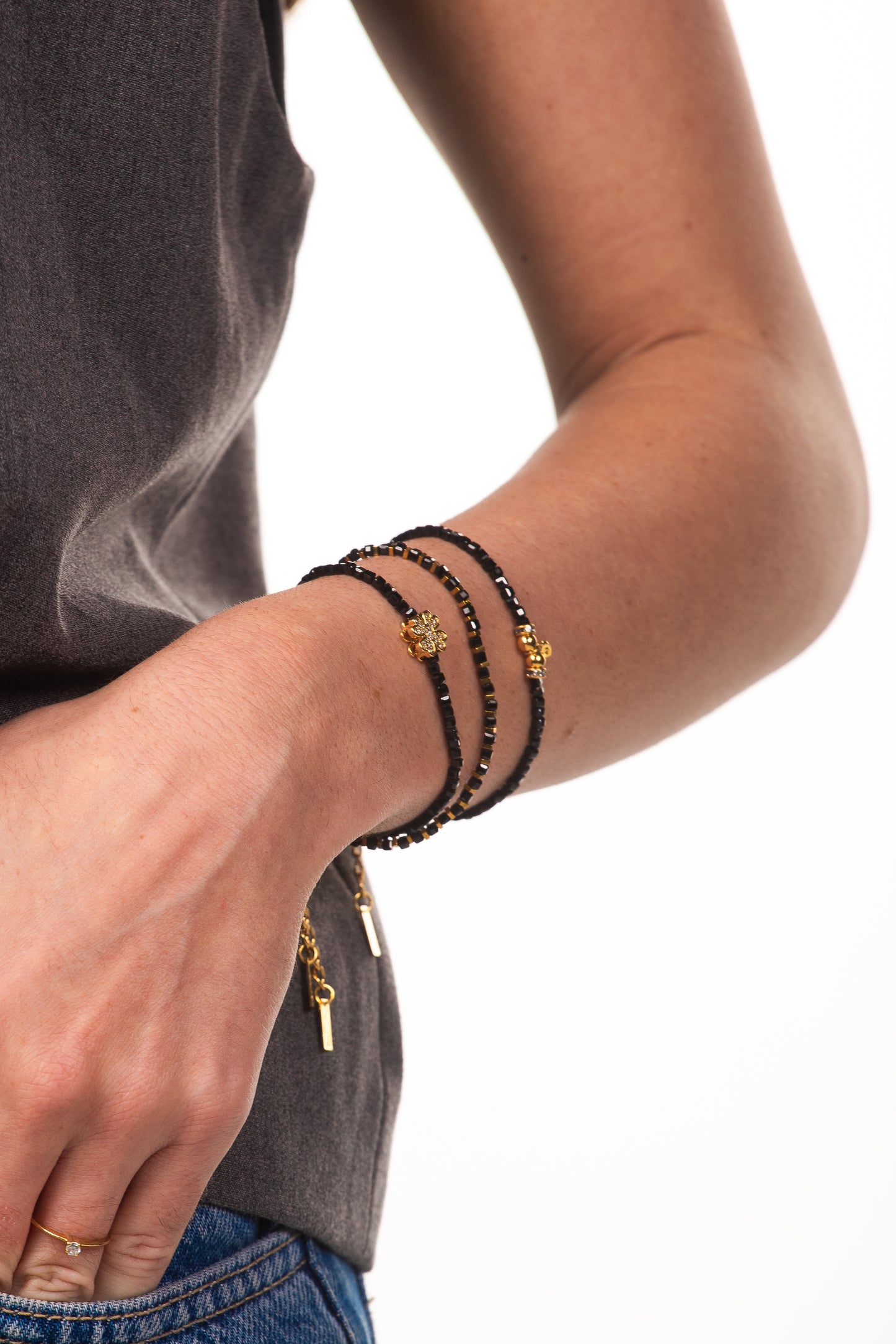 Pulseira Mini Heart Cravejado - Pedra Obsidiana