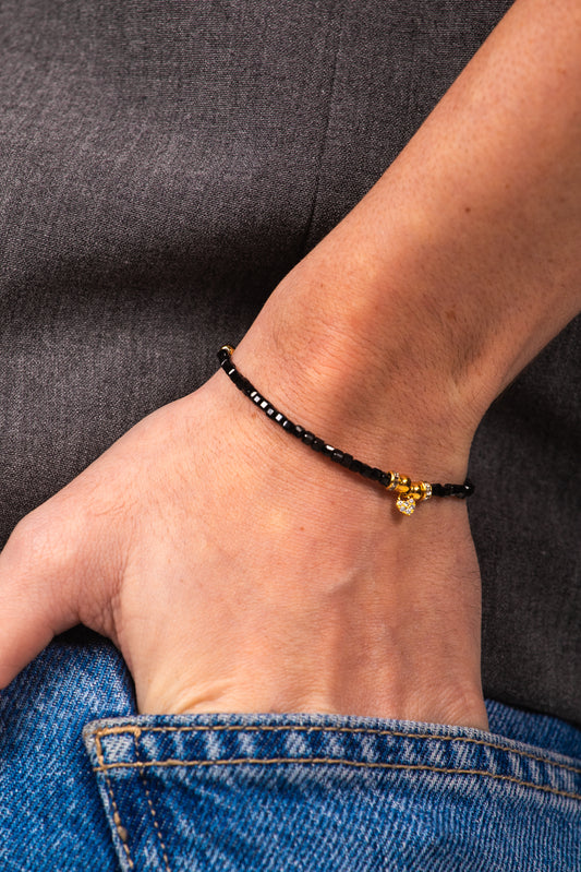 Pulseira Mini Heart Cravejado - Pedra Obsidiana